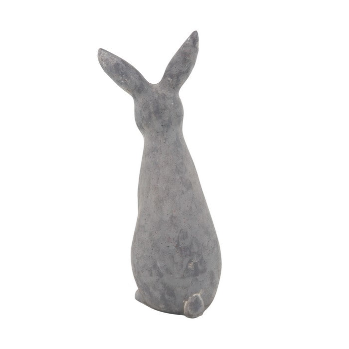Sitting Rabbit Polystone Statuette with Raised Ears, Weathered Gray