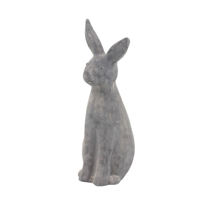 Sitting Rabbit Polystone Statuette with Raised Ears, Weathered Gray