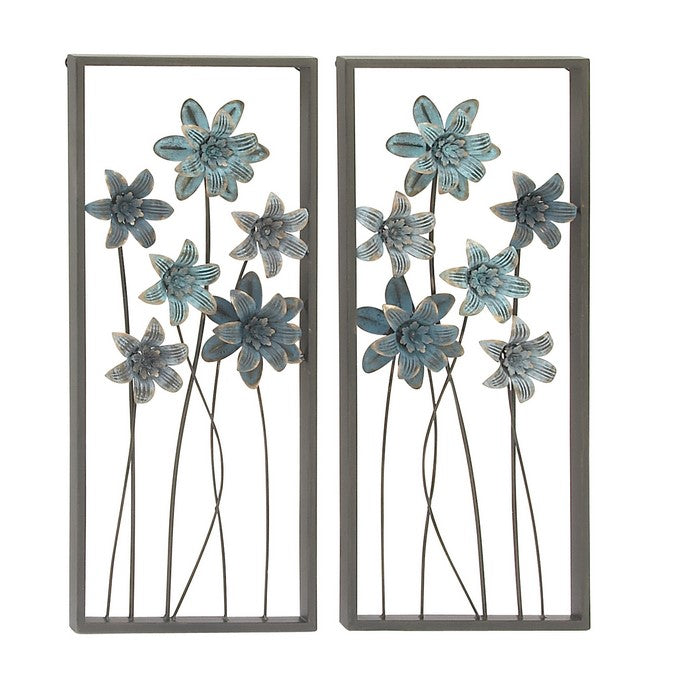 Metal Wall Decor Frame and Floral Designs, Assortment of Two, Gray
