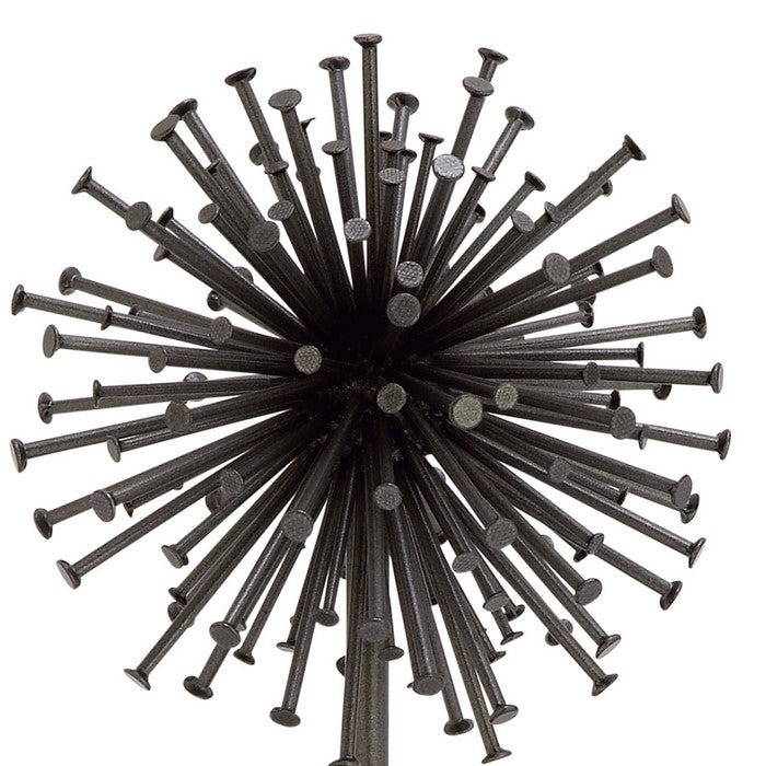 Decorative Metal Urchin Sculpture with Flat Ends and Concrete Base, Black