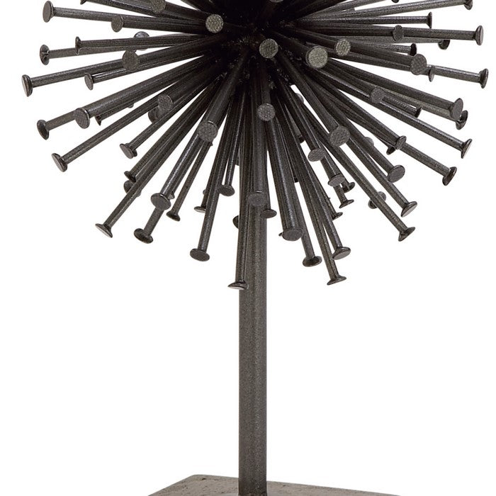 Decorative Metal Urchin Sculpture with Flat Ends and Concrete Base, Black