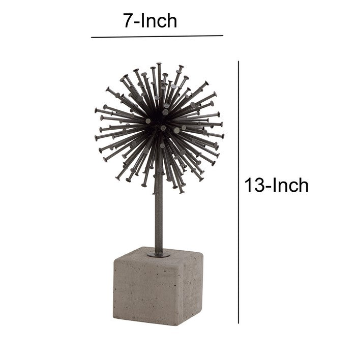 Decorative Metal Urchin Sculpture with Flat Ends and Concrete Base, Black
