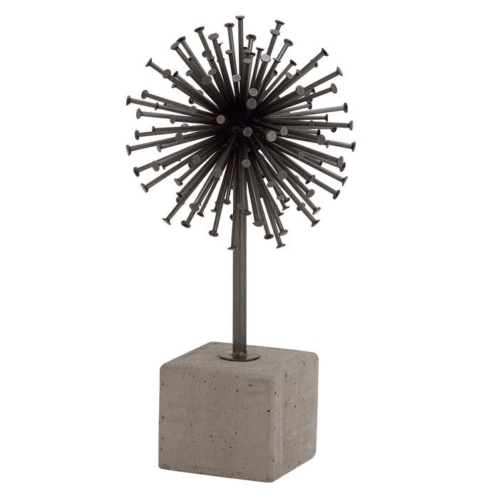 Decorative Metal Urchin Sculpture with Flat Ends and Concrete Base, Black