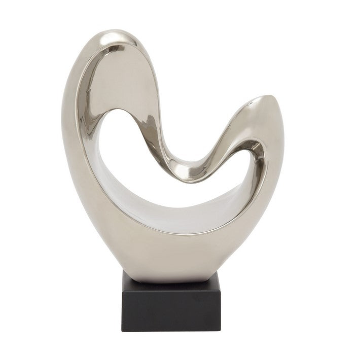 Abstract Shape Ceramic Table Decor with Wooden Base, Silver and Black