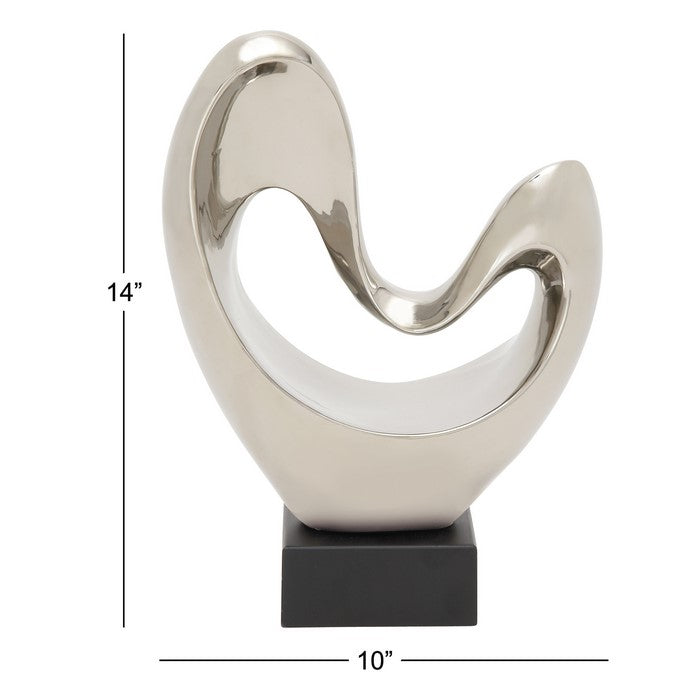 Abstract Shape Ceramic Table Decor with Wooden Base, Silver and Black