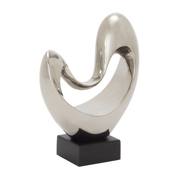 Abstract Shape Ceramic Table Decor with Wooden Base, Silver and Black