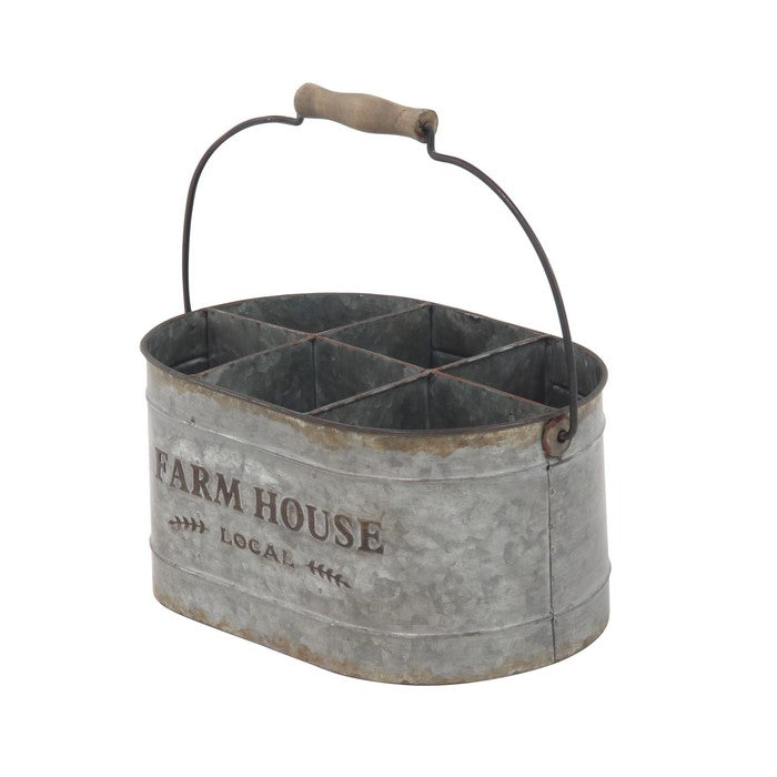 Industrial Style Metal Wine Bucket with 6 Slots and Wooden Handle, Gray