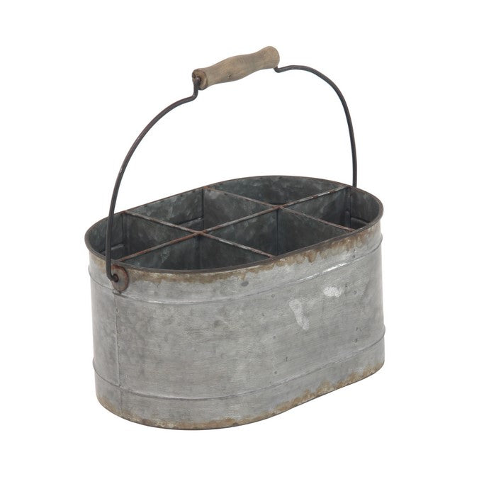 Industrial Style Metal Wine Bucket with 6 Slots and Wooden Handle, Gray