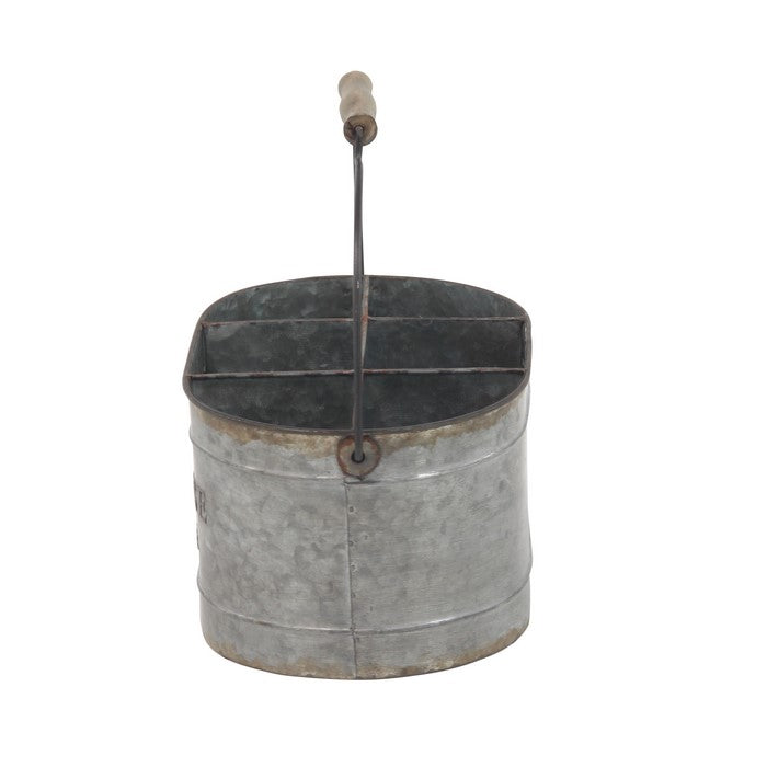 Industrial Style Metal Wine Bucket with 6 Slots and Wooden Handle, Gray