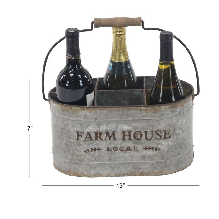Industrial Style Metal Wine Bucket with 6 Slots and Wooden Handle, Gray