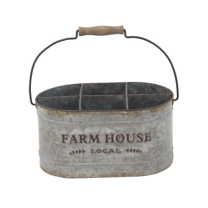 Industrial Style Metal Wine Bucket with 6 Slots and Wooden Handle, Gray