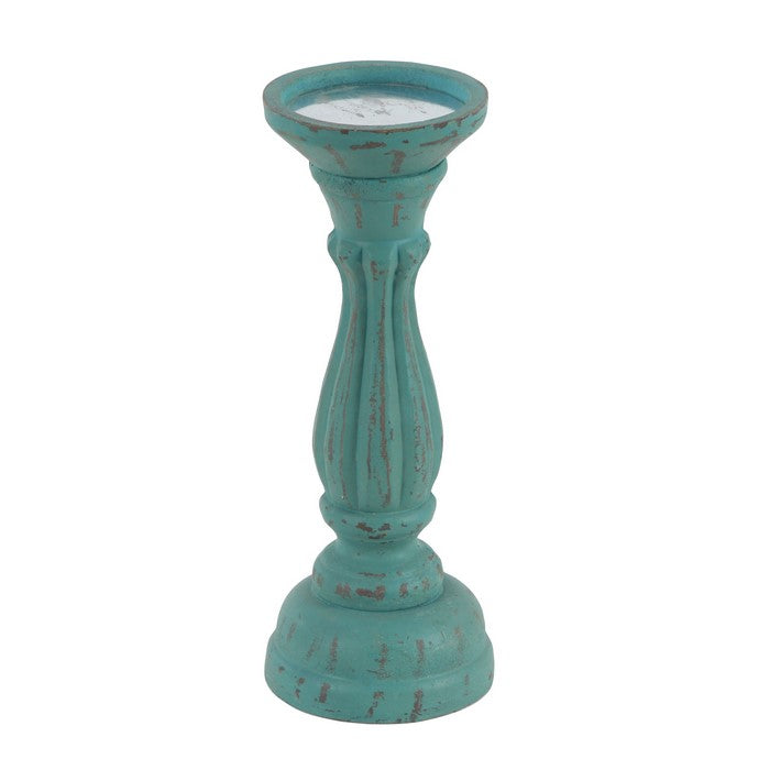 Wooden Pedestal Candle Holder with Carved Details, Set of 3, Blue