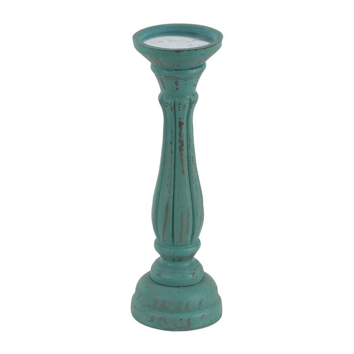 Wooden Pedestal Candle Holder with Carved Details, Set of 3, Blue