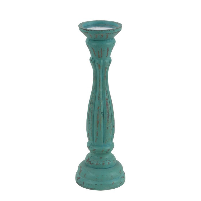 Wooden Pedestal Candle Holder with Carved Details, Set of 3, Blue
