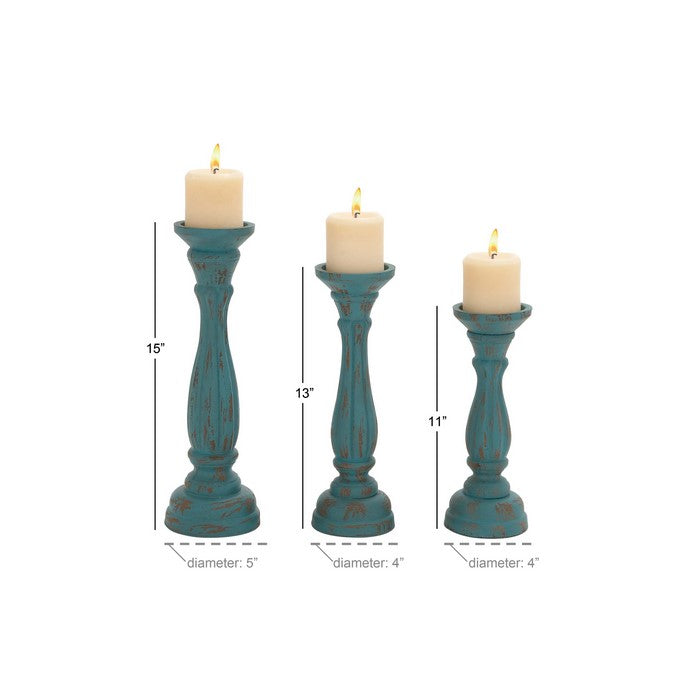 Wooden Pedestal Candle Holder with Carved Details, Set of 3, Blue