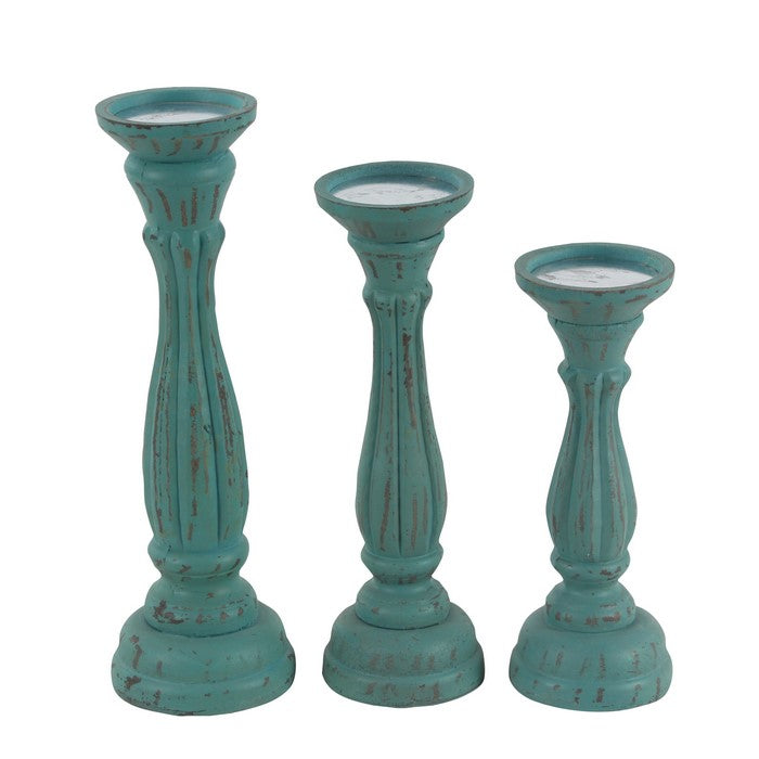 Wooden Pedestal Candle Holder with Carved Details, Set of 3, Blue