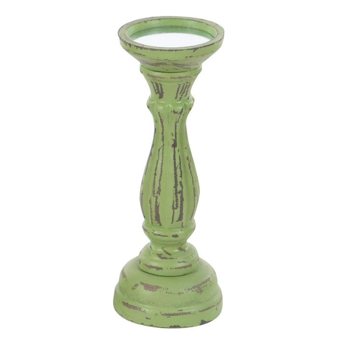 Wooden Pedestal Candle Holder with Carved Details, Set of 3, Green