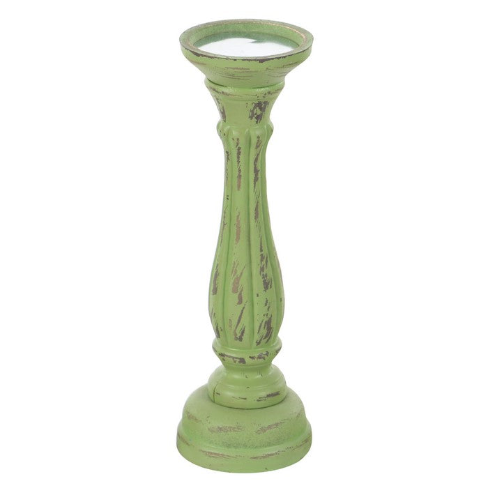 Wooden Pedestal Candle Holder with Carved Details, Set of 3, Green