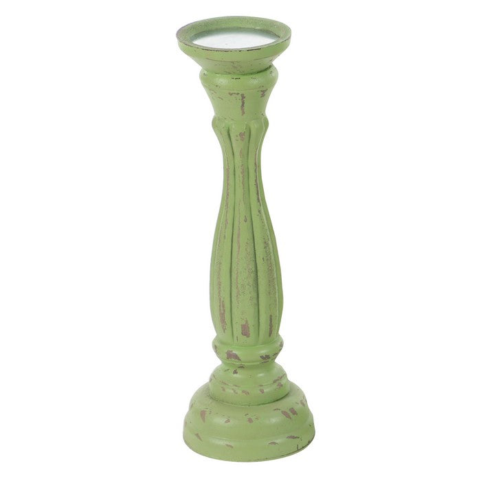 Wooden Pedestal Candle Holder with Carved Details, Set of 3, Green