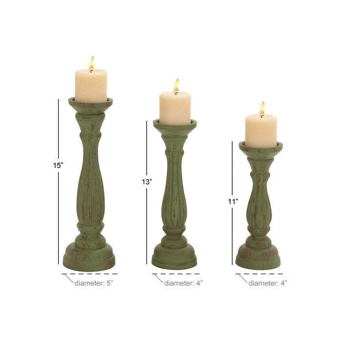 Wooden Pedestal Candle Holder with Carved Details, Set of 3, Green
