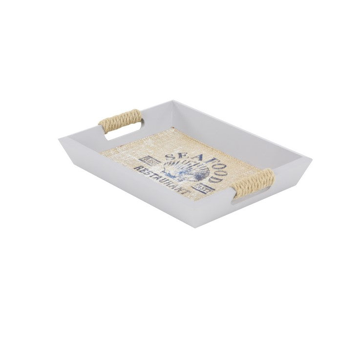 Wooden Tray with Cut Out Handle and Scripted Details, Set of 2, White