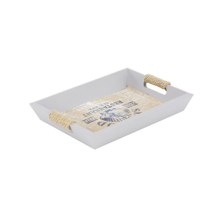 Wooden Tray with Cut Out Handle and Scripted Details, Set of 2, White