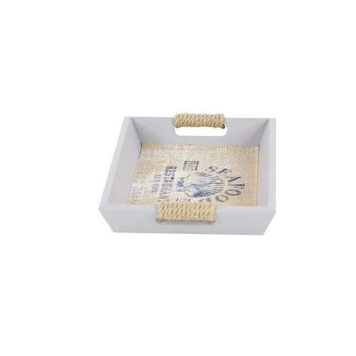 Wooden Tray with Cut Out Handle and Scripted Details, Set of 2, White