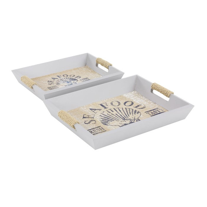 Wooden Tray with Cut Out Handle and Scripted Details, Set of 2, White