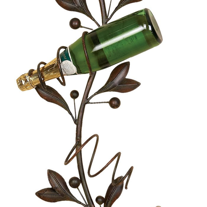Metal Wall Wine Bottle Holder with 4 Slots and Leaf Accents, Bronze