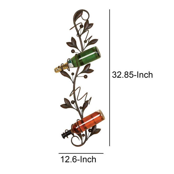Metal Wall Wine Bottle Holder with 4 Slots and Leaf Accents, Bronze