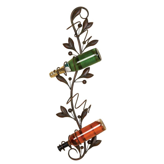 Metal Wall Wine Bottle Holder with 4 Slots and Leaf Accents, Bronze