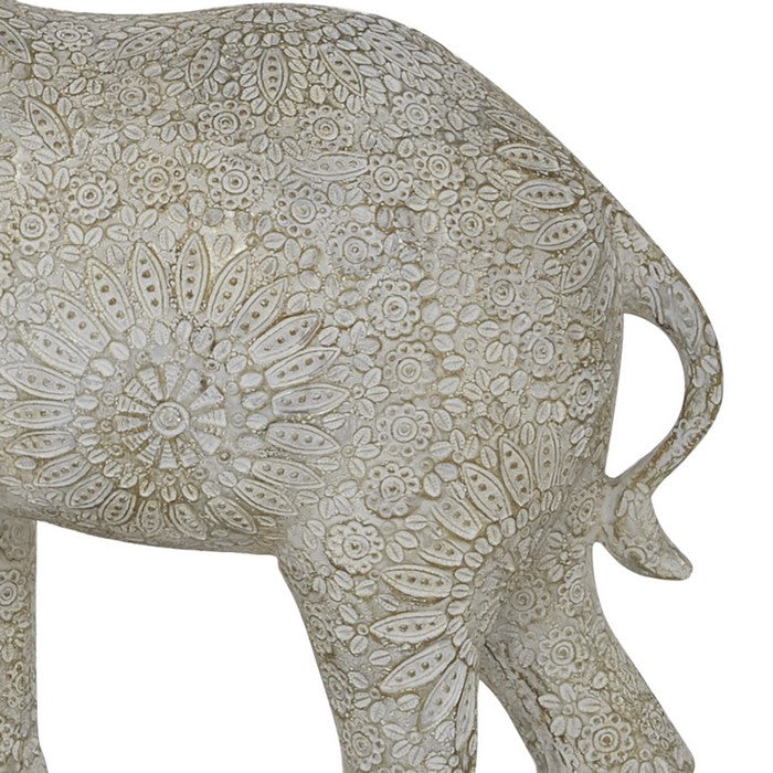 Polyresin Elephant Figurine with Raised Trunk and Textured Body, White