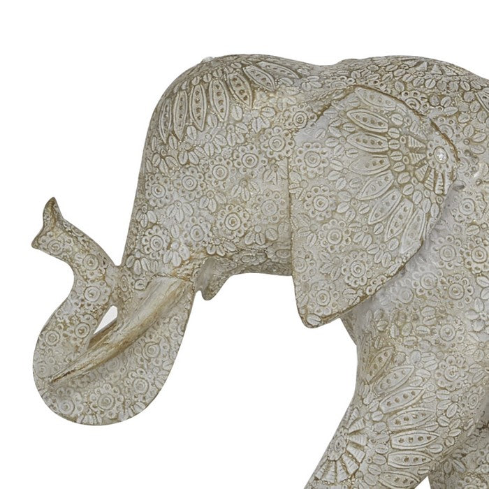 Polyresin Elephant Figurine with Raised Trunk and Textured Body, White