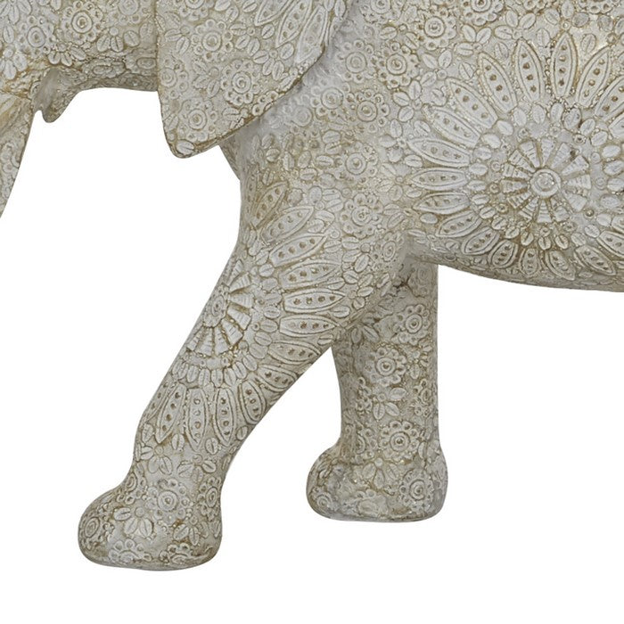 Polyresin Elephant Figurine with Raised Trunk and Textured Body, White