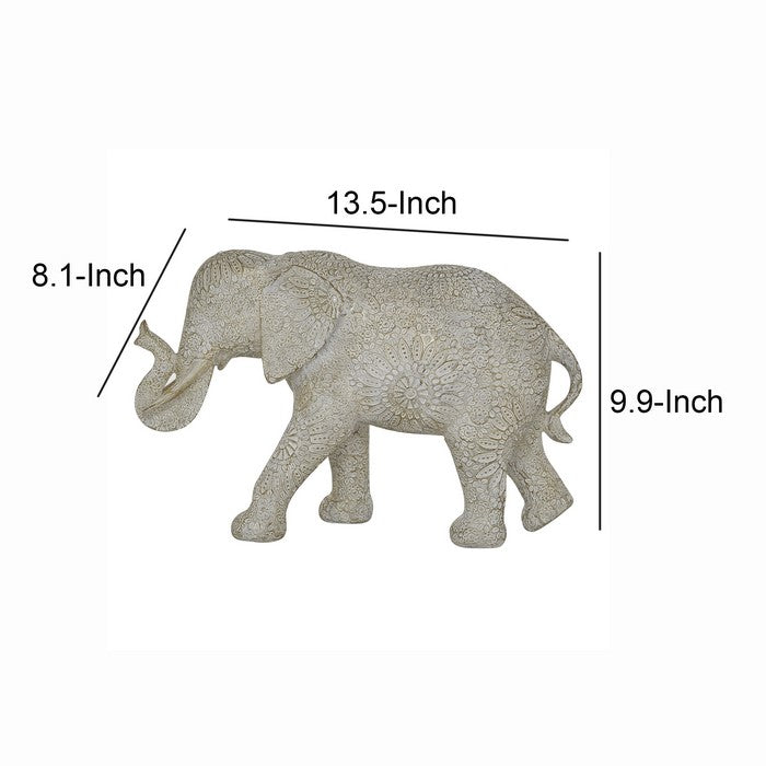 Polyresin Elephant Figurine with Raised Trunk and Textured Body, White