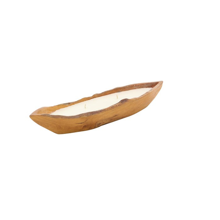 Wooden Boat Shaped Candle Holder with Textured Details, Brown and White