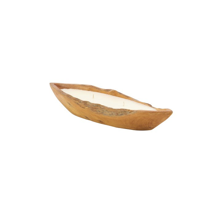 Wooden Boat Shaped Candle Holder with Textured Details, Brown and White
