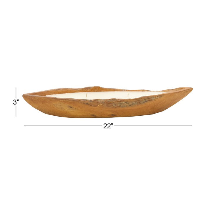 Wooden Boat Shaped Candle Holder with Textured Details, Brown and White
