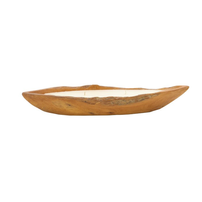 Wooden Boat Shaped Candle Holder with Textured Details, Brown and White