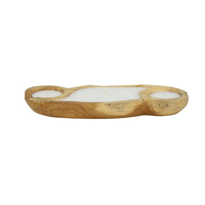 3 Section Wooden Candle Holder with Candles, Large, Brown and White