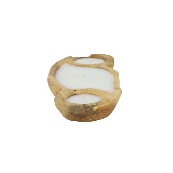 3 Section Wooden Candle Holder with Candles, Large, Brown and White