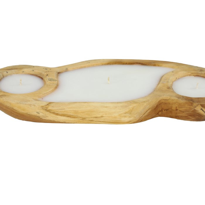 3 Section Wooden Candle Holder with Candles, Large, Brown and White