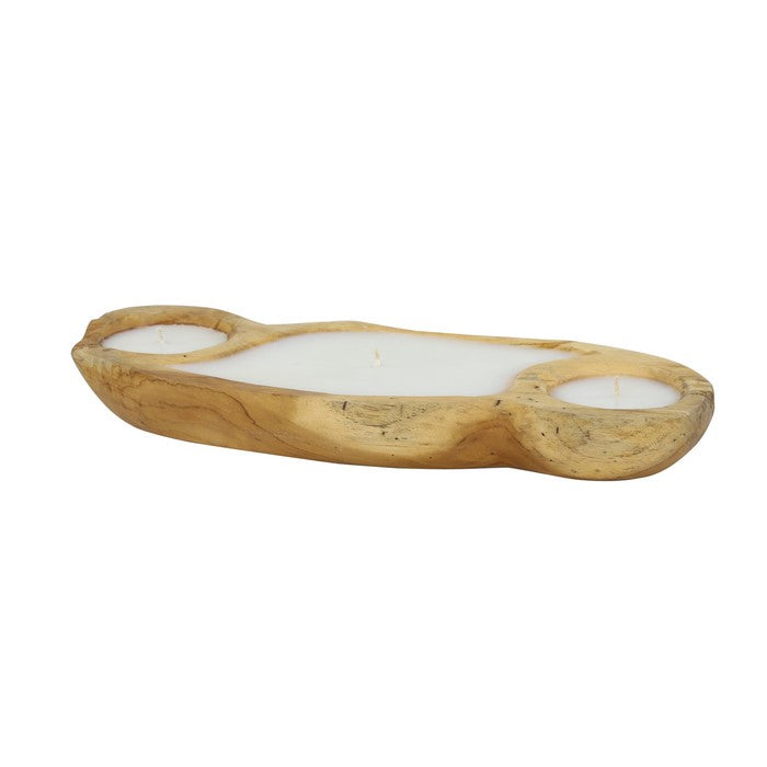 3 Section Wooden Candle Holder with Candles, Large, Brown and White