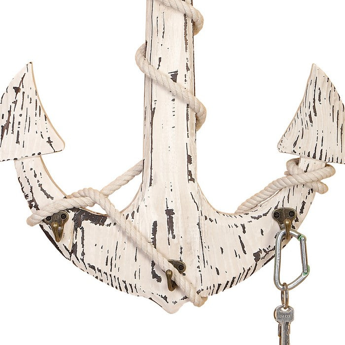 Wooden Anchor Wall Decor with Metal Hooks and Rope Accents, Weathered White