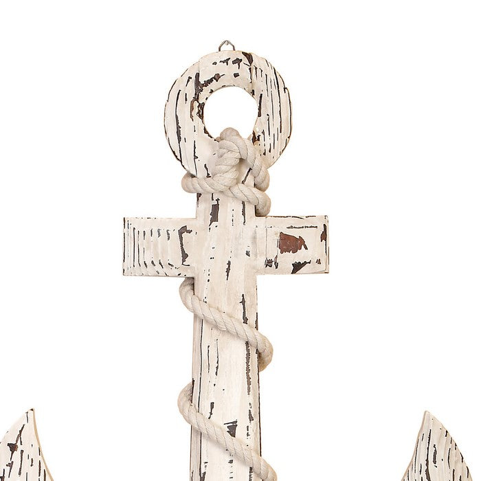 Wooden Anchor Wall Decor with Metal Hooks and Rope Accents, Weathered White