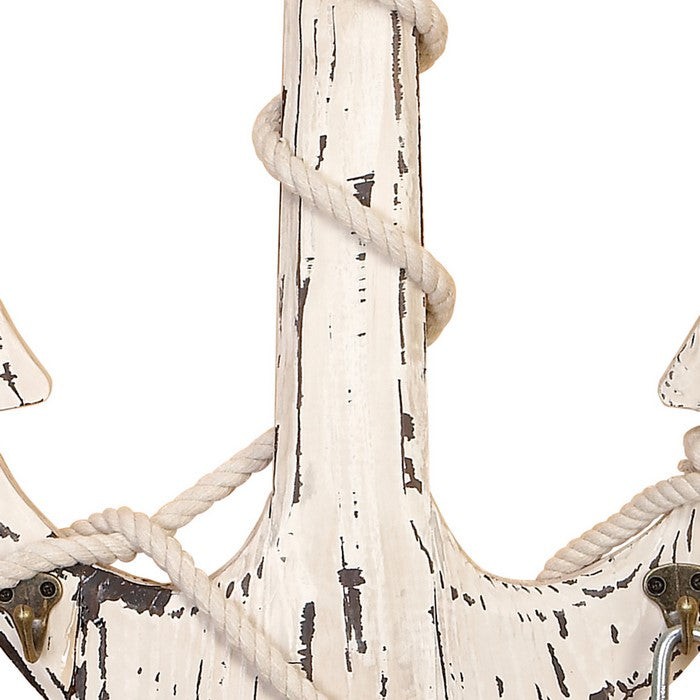 Wooden Anchor Wall Decor with Metal Hooks and Rope Accents, Weathered White