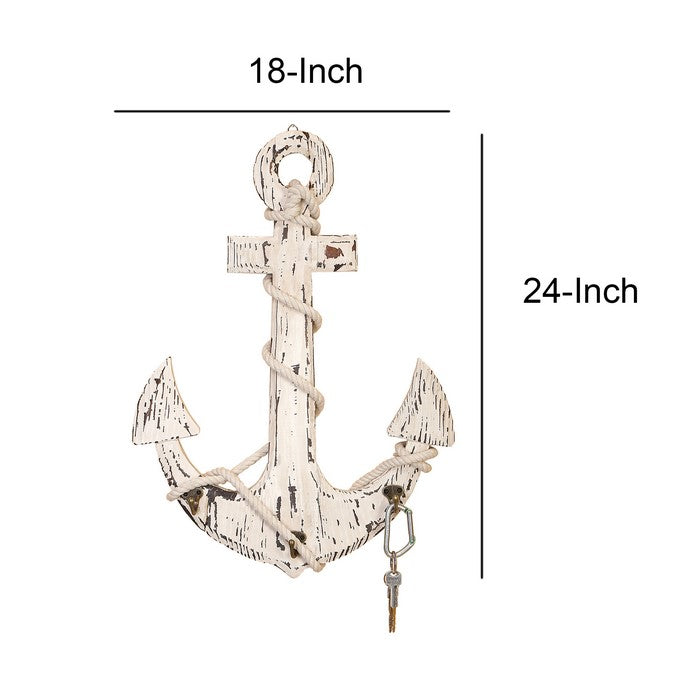 Wooden Anchor Wall Decor with Metal Hooks and Rope Accents, Weathered White
