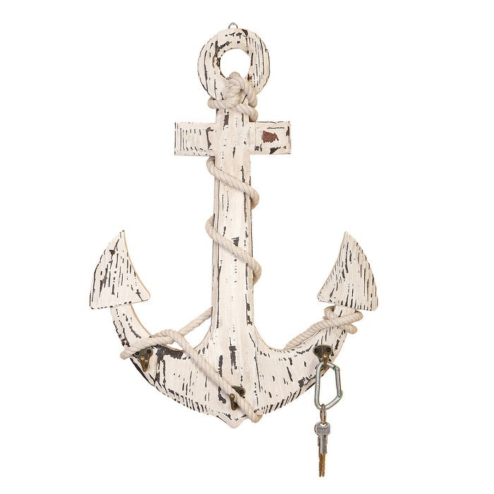 Wooden Anchor Wall Decor with Metal Hooks and Rope Accents, Weathered White