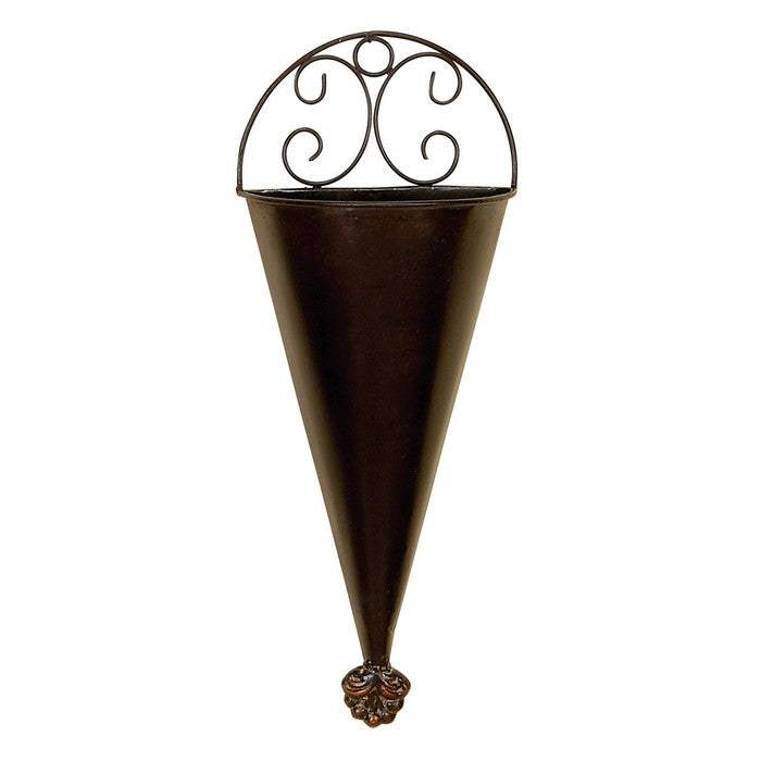 Conical Shaped Metal Wall Planters with Scrolled Details, Set of 2, Bronze