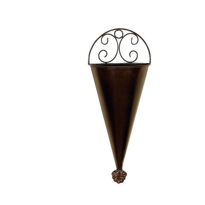 Conical Shaped Metal Wall Planters with Scrolled Details, Set of 2, Bronze